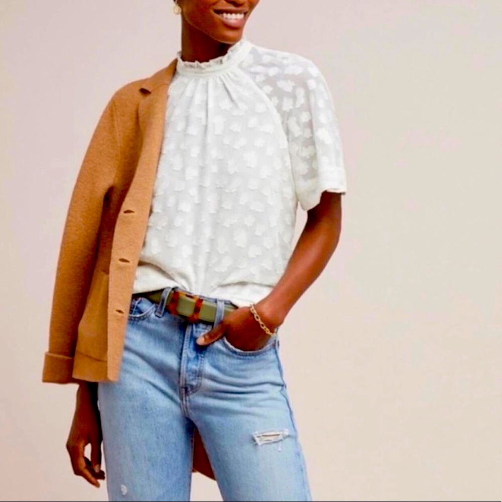 Anthropologie Feather and Bone white Ivory Chalet short sleeve blouse top